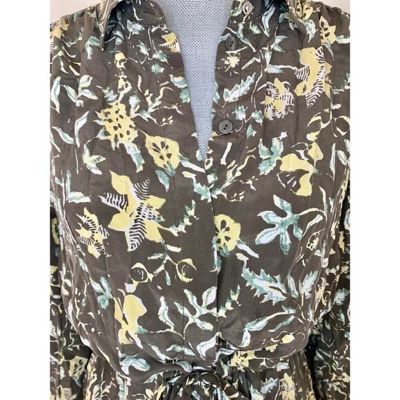 Club Monaco Midi Shirtdress in Brown Floral Medium Long Sleeve Button Front Silk - Picture 5 of 7